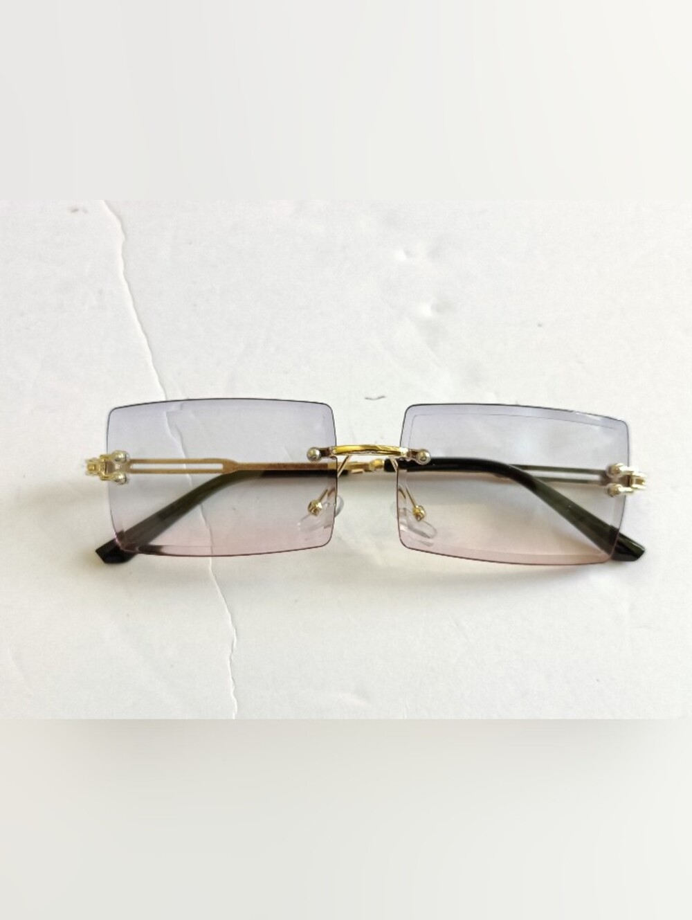 Rimless Gradient Square Sunglasses Gold Frame Green and Purple Lenses - Picture 7 of 9